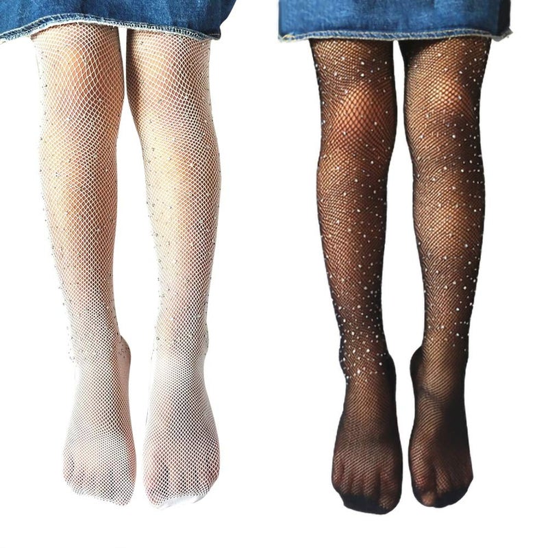 Looching Little Girls Thin Rhinestone Fishnet Sparkle Tights Toddler Kids Glitter Stockings Footed Net Leggings Pantyhose(Black & White,1-3T) - Image 1